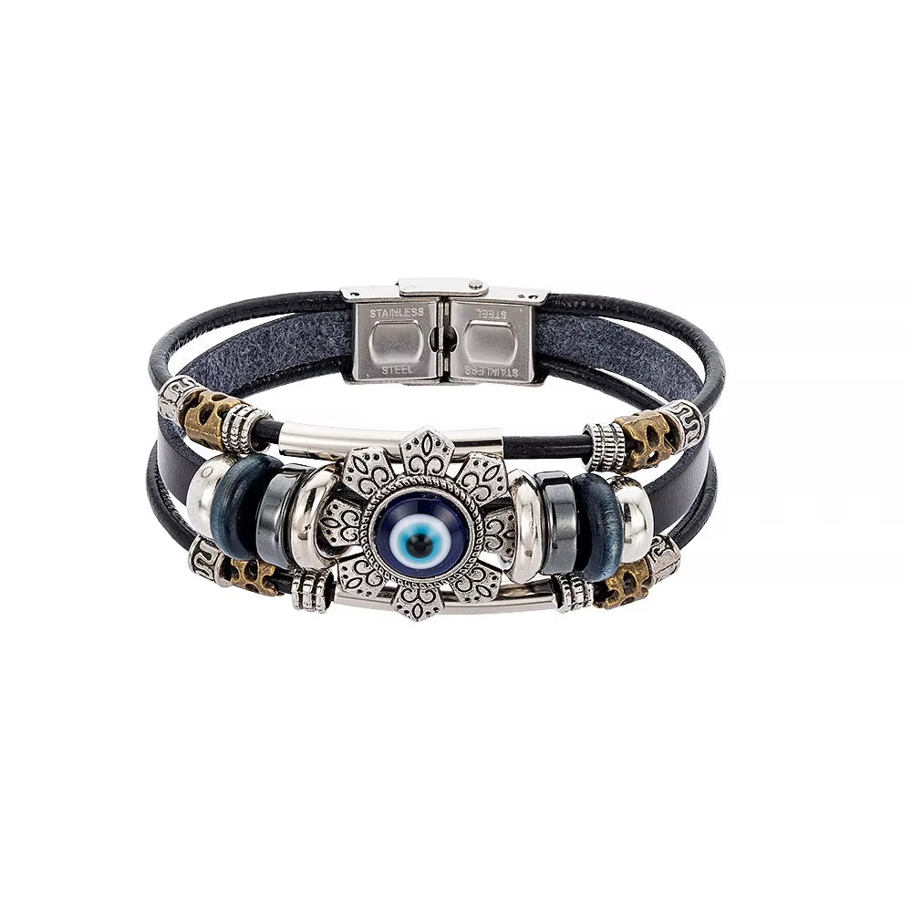 Evil Eye Turkish Bracelets for Men Metal Snap Fastener Jewelry Multilayer Black Leather Bracelet