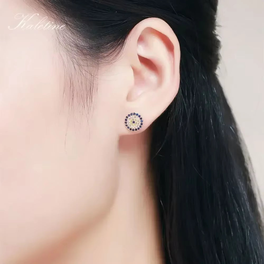 Genuine 925 Sterling Silver CZ Crystal Lucky Turkey Evil Eye Earrings for Women Yellow Rose Gold Jewelry KLTE009