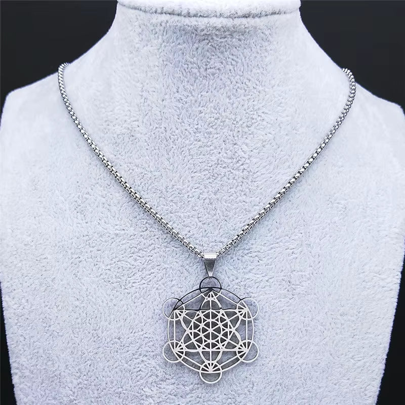 Flower of Life Chakra Spiritual Necklace for Women Stainless Steel Sacred Geometry Metatron Cube Salomon Men Collar Jewelry