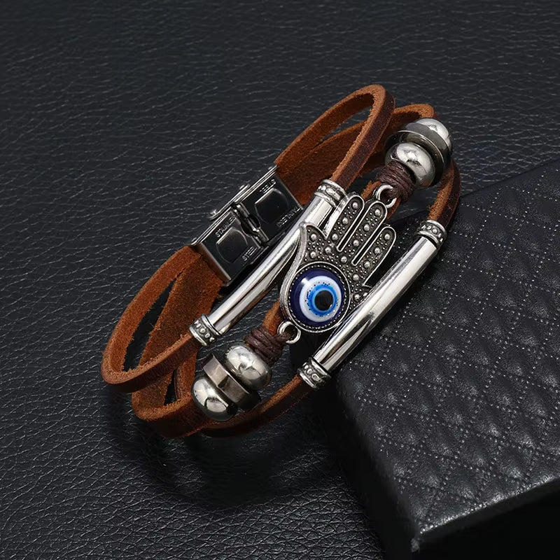 Evil Eye Fatima Hand Charm Bracelets for Women Men Genuine Leather Bracelet Turkish Blue Eye Wristband Lucky Hand Jewelry Gifts