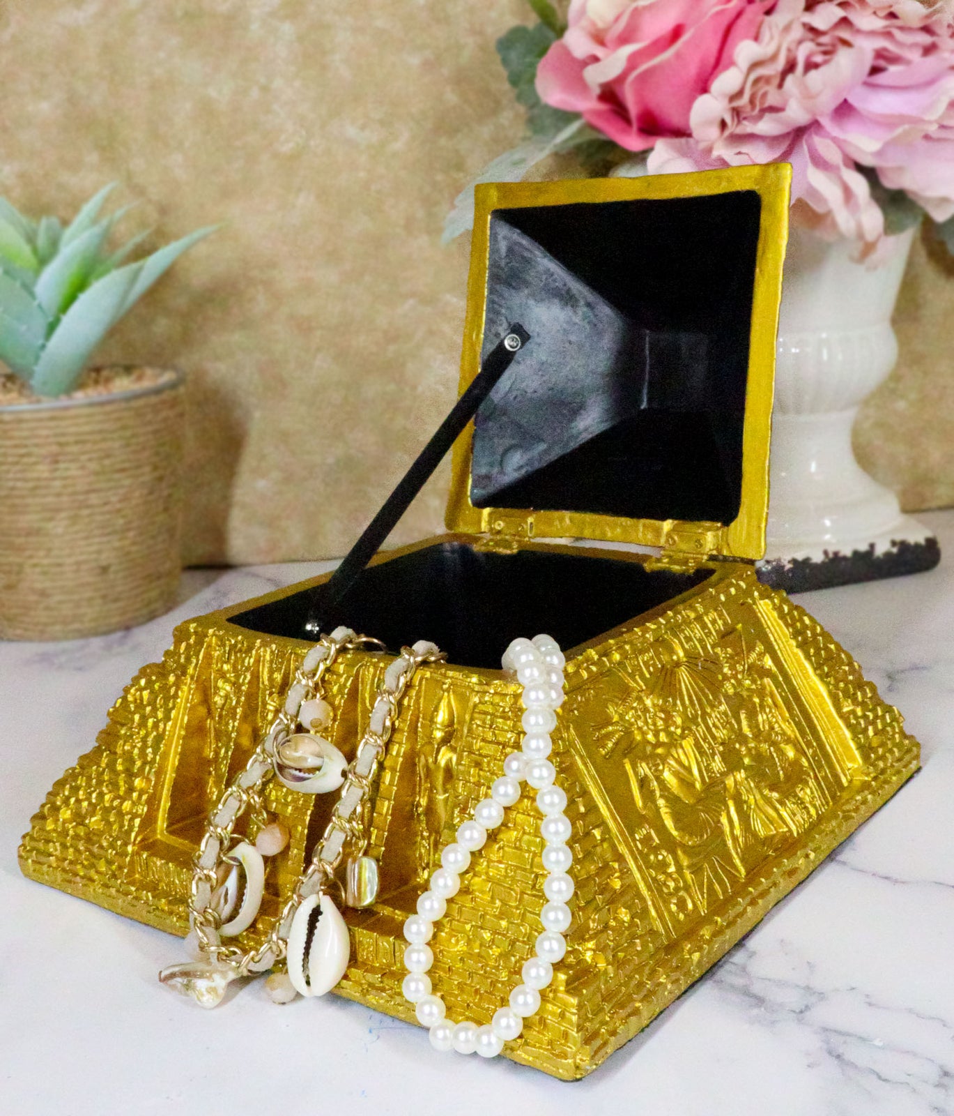 Ebros Golden Ancient Egyptian Gods Carved Pyramid Hinged Jewelry Box 7" Long