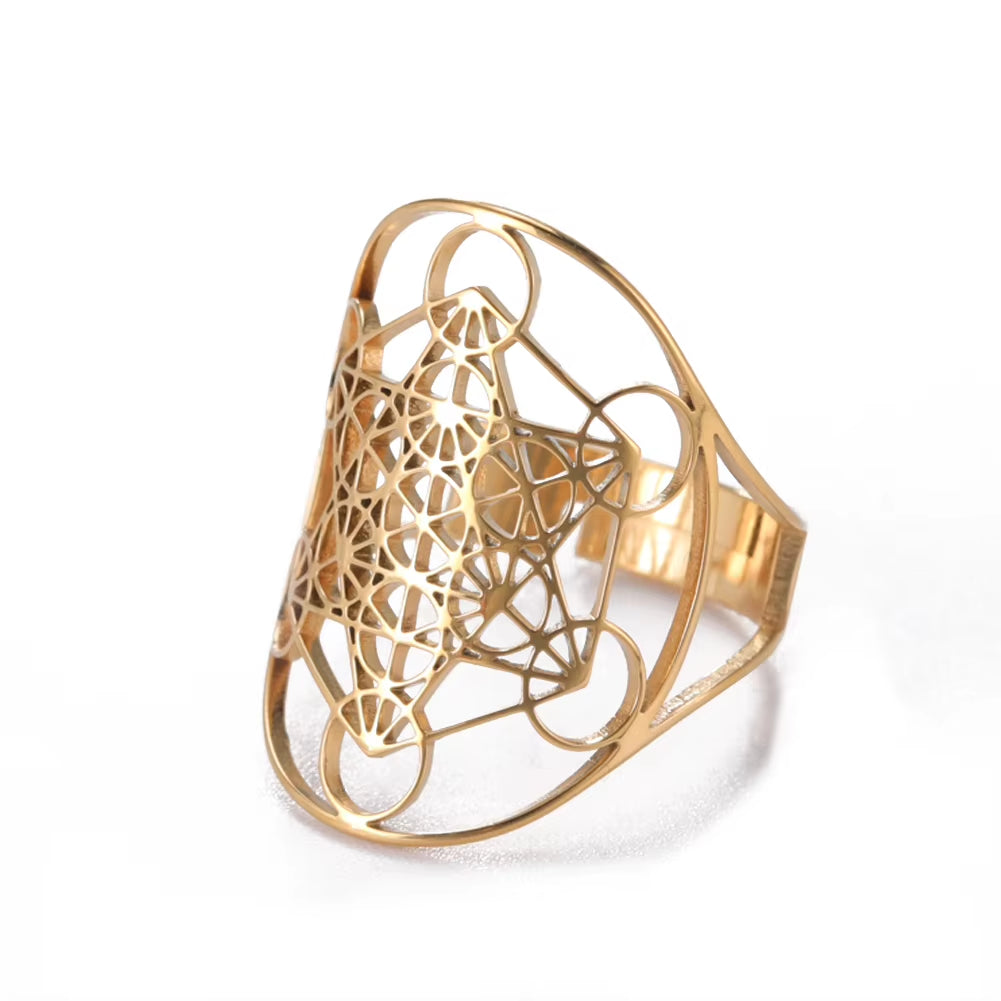 Angel Seal Archangel Metatron Cube Adjustable Ring Stainless Steel Sacred Geometry Rings Amulet Spiritual Jewelry Gifts