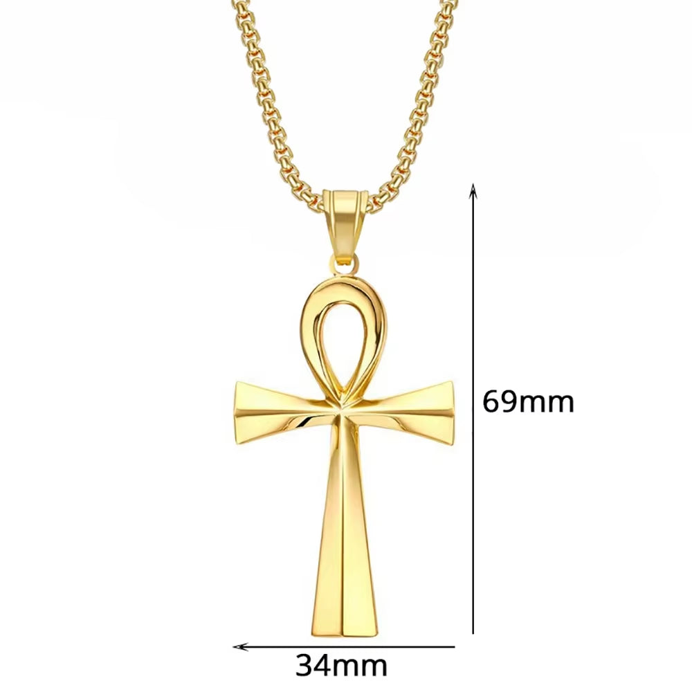 Egyptian Ankh Cross Necklaces Pendants Gold Color Stainless Steel Hieroglyphs Amulet Necklaces for Women Men Egypt Jewelry Gifts