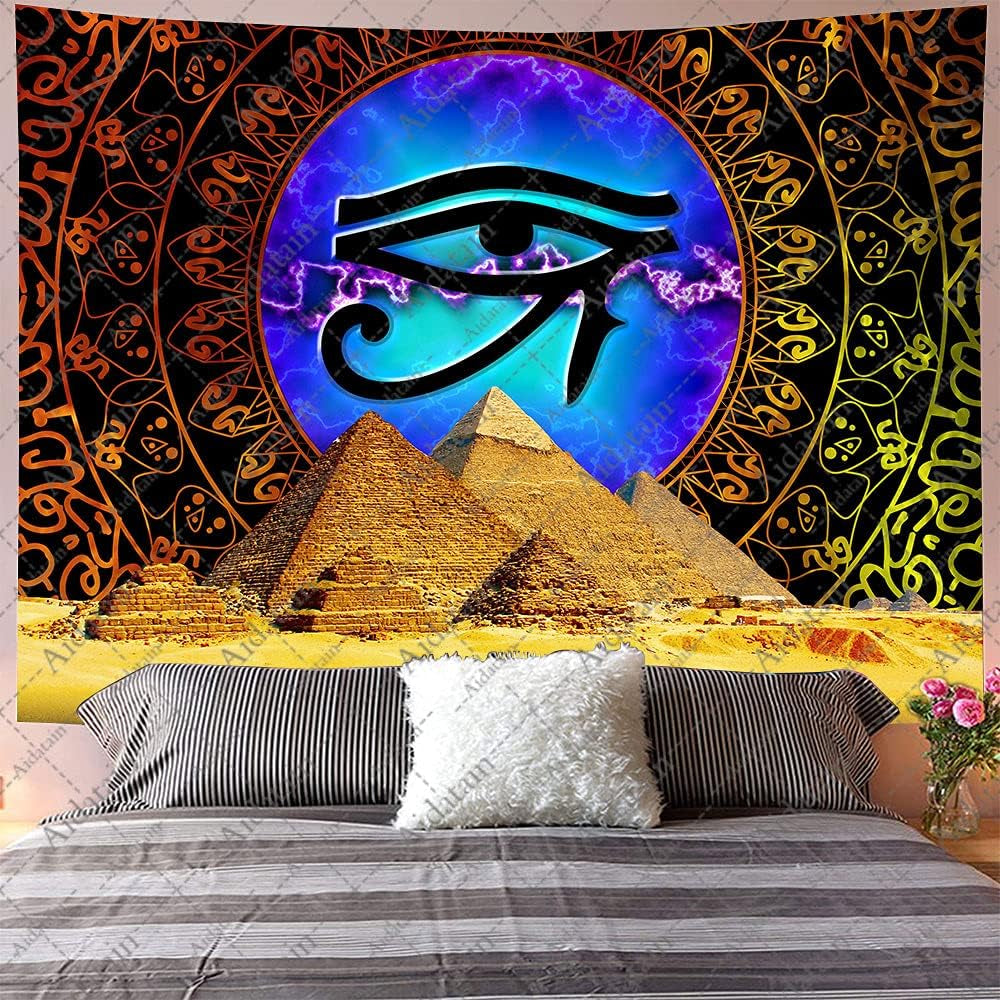 Ancient Egyptian Mythology Pyramid Eye of Horus Mandala Flannel Huge Size 93X71 Inches Tapestry for Bedroom Living Room
