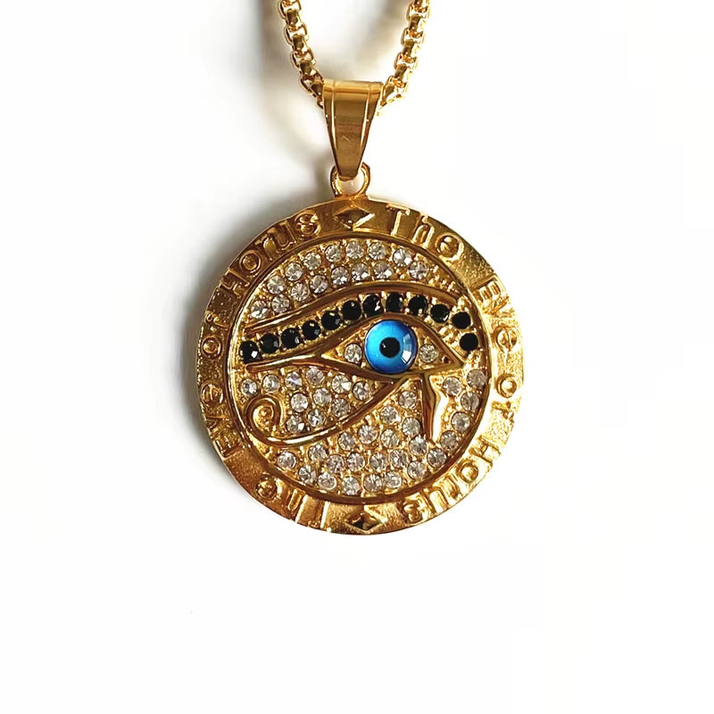 Hip Hop Ancient Egypt round Jewelry Collares Gold Color Stainless Steel Chain Egyptian Eye of Horus Necklaces & Pendants