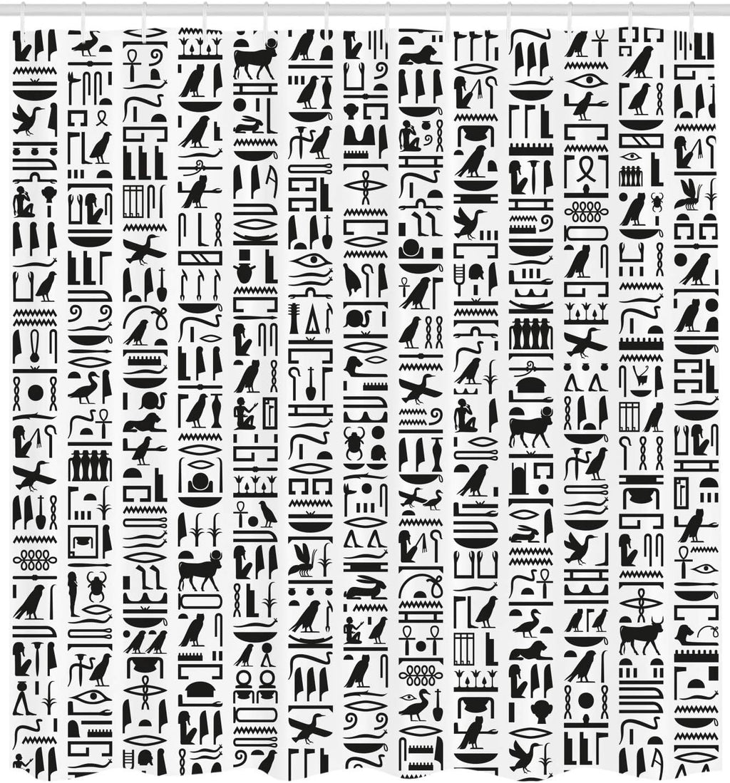 Egyptian Print Shower Curtain, Egyptian Hieroglyphic Writing Monochrome Composition Old Signs, Cloth Fabric Bathroom Decor Set with Hooks, 69" W X 75" L, Charcoal and White
