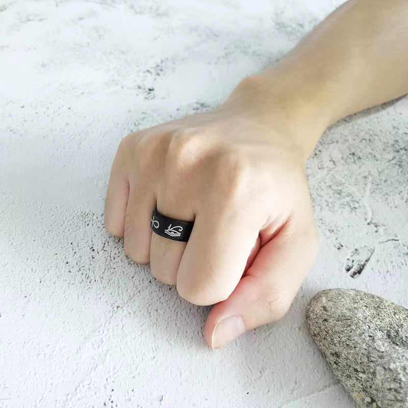 Egyptian Men Ankh Ring Stainless Steel Black Color Eye of Horus Fashion Wedding Band Key of Life Anillos Anniversary Party Gifts