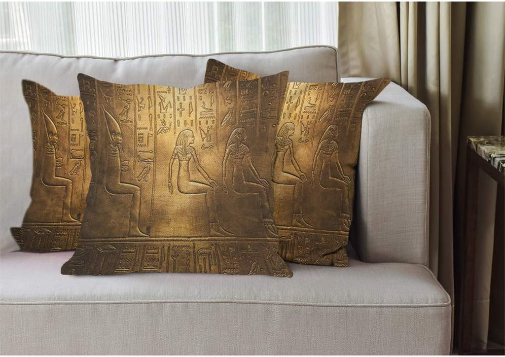Egyptian Hieroglyphics Throw Pillow Cover Ancient Golden Art Symbol Historical Civilization Cozy Square Cushion Case for Men Women Boys Girls Room Home Decor Cotton Linen 18X18 Inch
