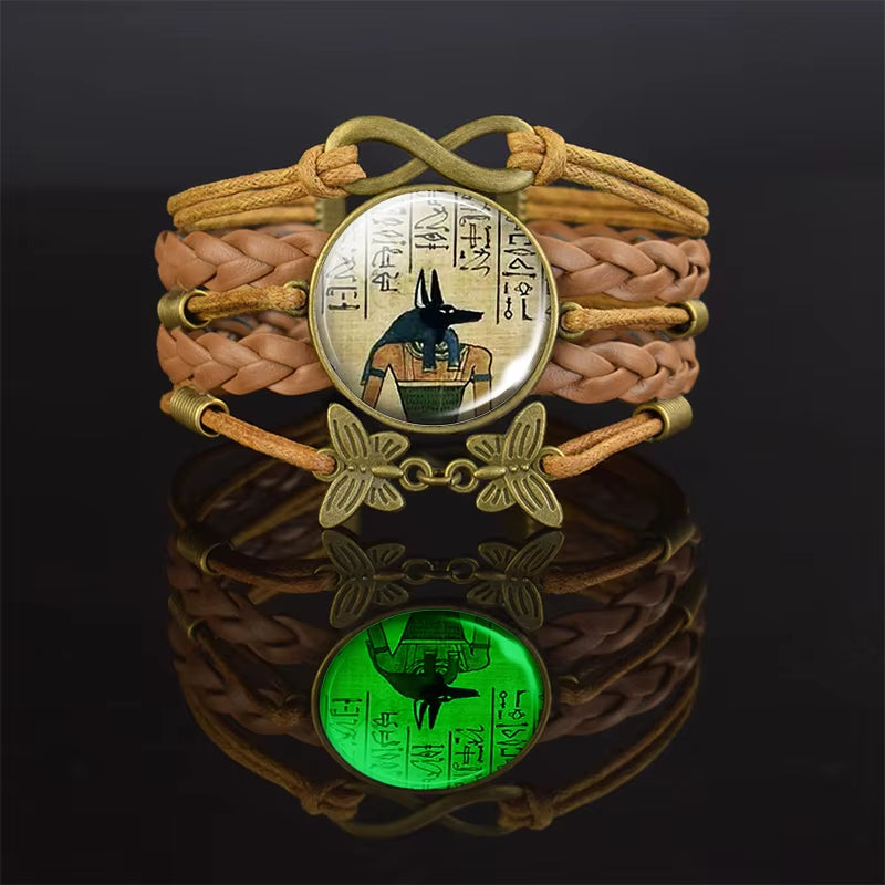 Ancient Egyptian Handmade Bracelet Ankh Luminous Glass Dome Rope Bracelets for Women Gift Egypt Cross Anubis Scarab Isis Goddess