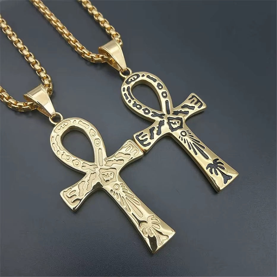 Mystical Egyptian Ankh Cross Pendant Necklace for Men Gold Color Stainless Steel Egypt Hieroglyphs Charms Jewelry