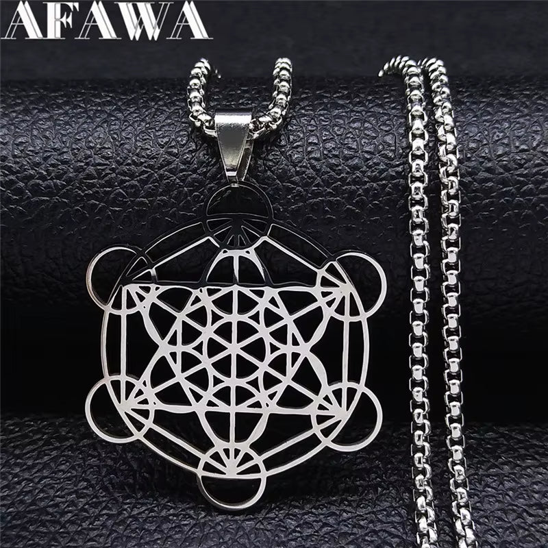 Flower of Life Chakra Spiritual Necklace for Women Stainless Steel Sacred Geometry Metatron Cube Salomon Men Collar Jewelry