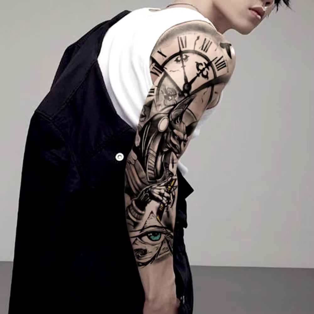 Large Full Arm Sleeve Waterproof Temporary Tattoo Sticker Anubis Ancient Egypt Greece Zeus Eye Fake Tatoo Body Art Men Women Leg