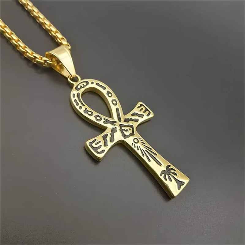 Mystical Egyptian Ankh Cross Pendant Necklace for Men Gold Color Stainless Steel Egypt Hieroglyphs Charms Jewelry