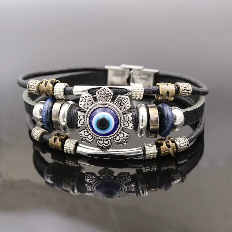 Evil Eye Turkish Bracelets for Men Metal Snap Fastener Jewelry Multilayer Black Leather Bracelet