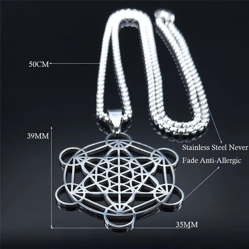 Flower of Life Chakra Spiritual Necklace for Women Stainless Steel Sacred Geometry Metatron Cube Salomon Men Collar Jewelry