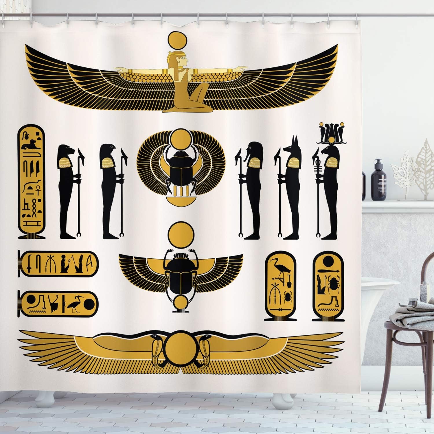 Egyptian Print Shower Curtain, Old Historical Egyptian Myth Mummy Sun Art Illustration, Cloth Fabric Bathroom Decor Set with Hooks, 69" W X 84" L, Yellow Black