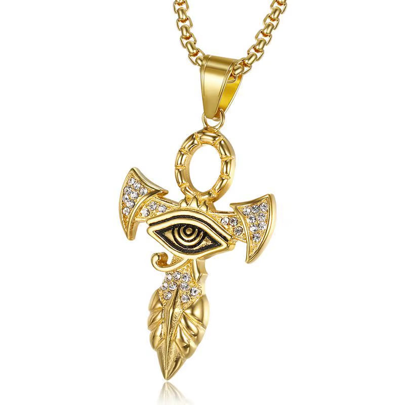 Egyptian Ankh Cross Pendant Necklace for Women/Men Gold Color Stainless Steel Eye of Horus Necklace Iced Out Bling Egypt Jewelry