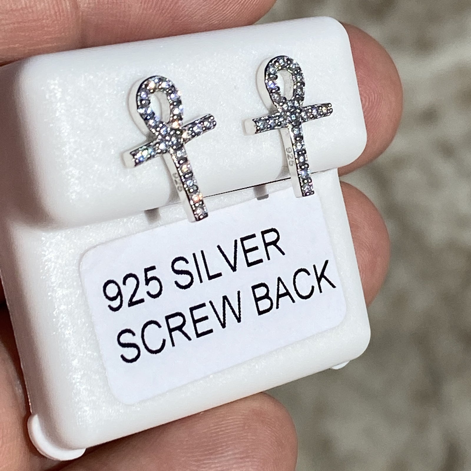 925 Sterling Silver Egyptian Ankh Cross Earrings Iced Flooded Out CZ Screw Back