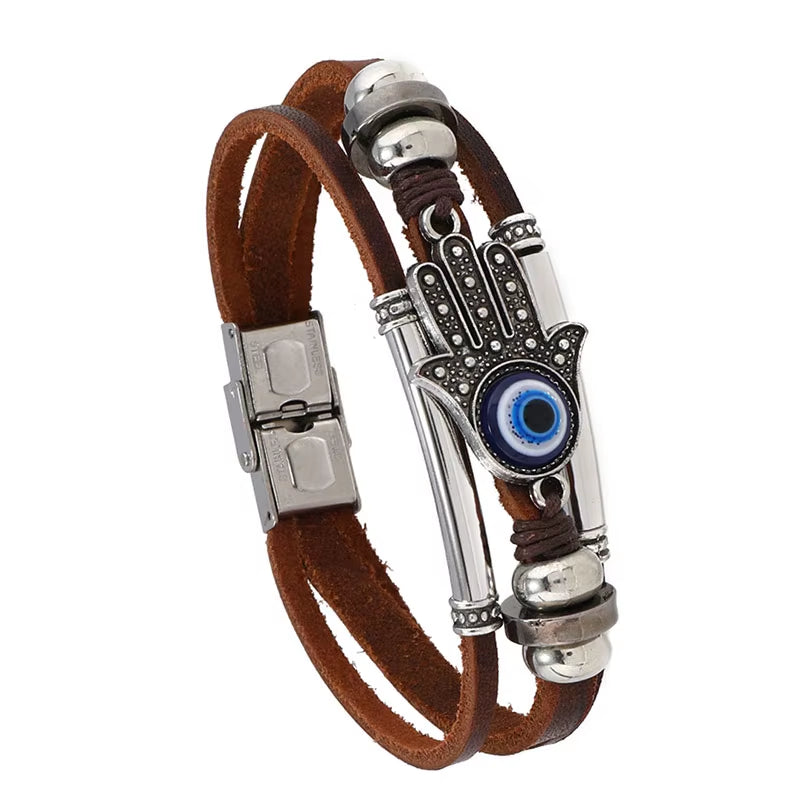 Evil Eye Fatima Hand Charm Bracelets for Women Men Genuine Leather Bracelet Turkish Blue Eye Wristband Lucky Hand Jewelry Gifts