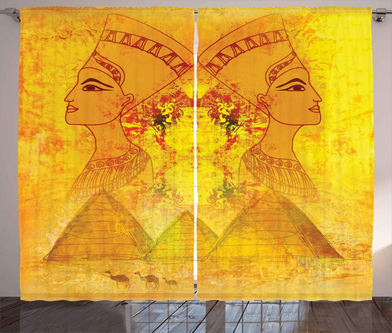 Egyptian Print Curtains, Antique Old Paper with Egyptian Queen Portraits Pyramids Camels Image, Living Room Bedroom Window Drapes 2 Panel Set, 108" X 84", Orange Yellow