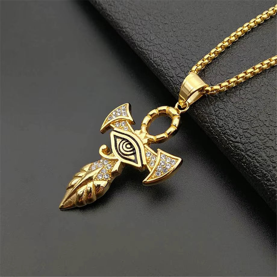 Egyptian Ankh Cross Pendant Necklace for Women/Men Gold Color Stainless Steel Eye of Horus Necklace Iced Out Bling Egypt Jewelry