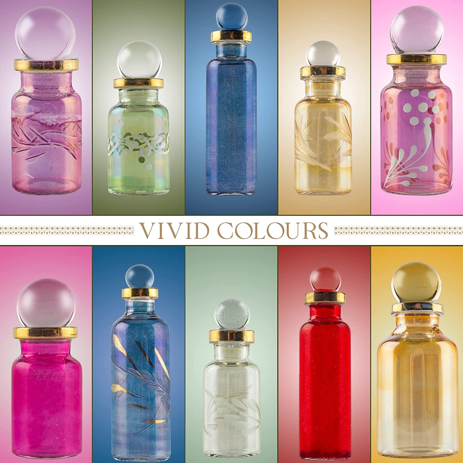 Egyptian Perfume Bottles, Empty Glass Mini Bottles for Perfume, Essential Oils or Potion - Set of 10 Decorative Small Vials, Each 2" High (5Cm), Assorted Colors