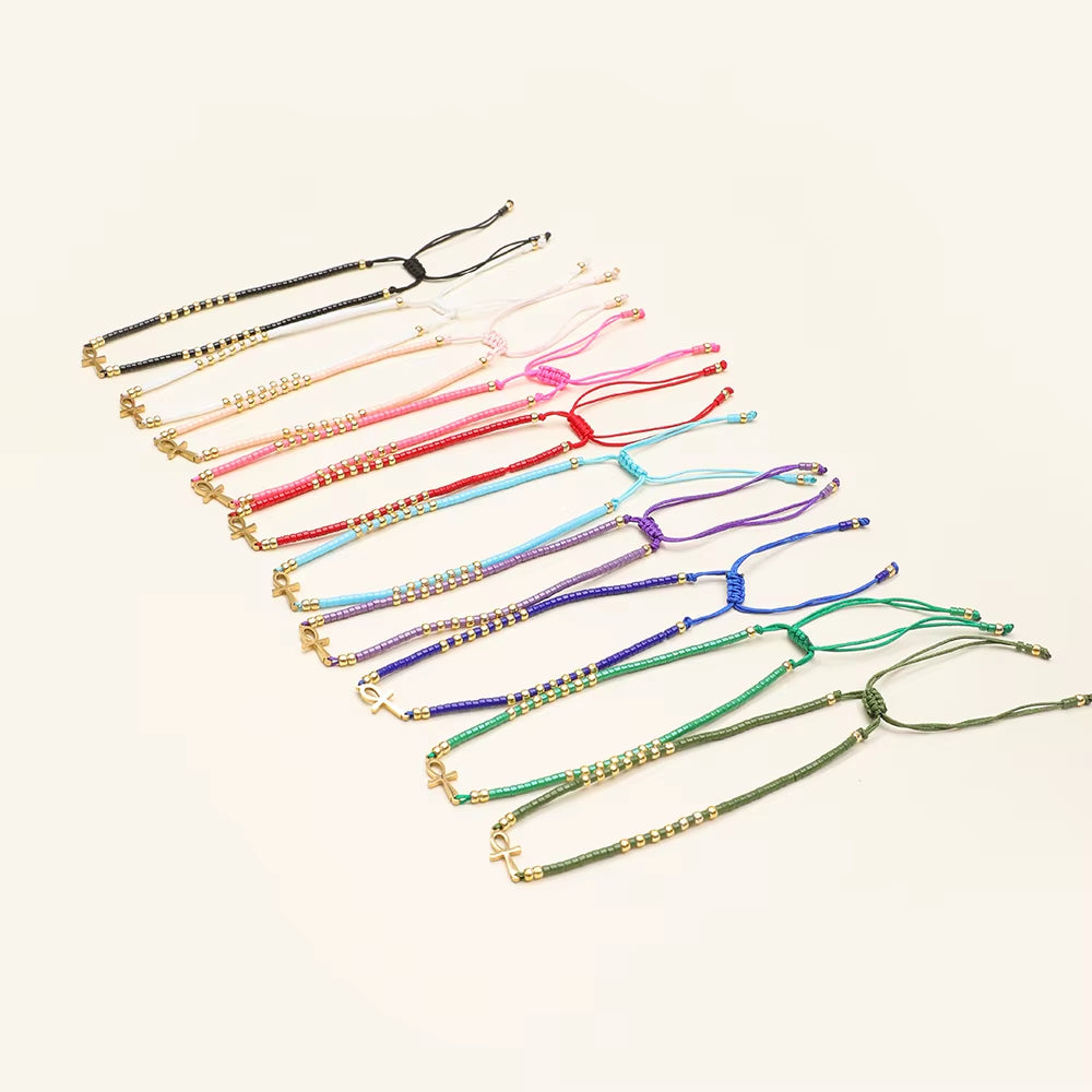 Cute Miyuki Beads Glass Amulet Charm Egyptian Ankh Crucifix Bracelet Symbol of Life Cross Bracelet Jewelry Wholesale