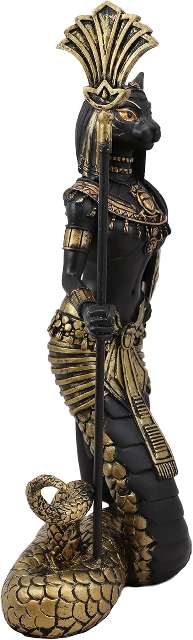 Ebros 11"H Egyptian Feline Goddess Bastet Cat with Slain Snake Apep Tail Holding Spear & Shield Statue 11"H Ubasti Bast Patron of Protection Health Home Harvest Gods of Egypt Figurine (Black and Gold)