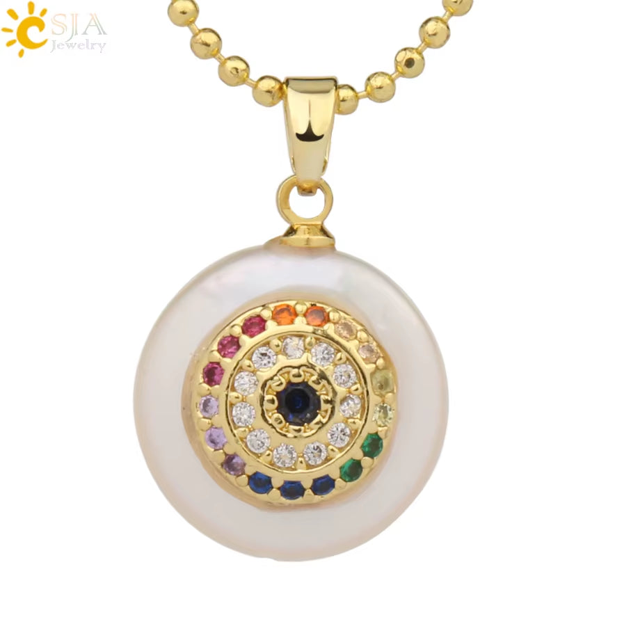 CSJA Coin Freshwater Pearl Pendants Small Size Evil Eye Hamsa Fatima Hand Zircon Gold Color Necklace Choker for Women Girls G205