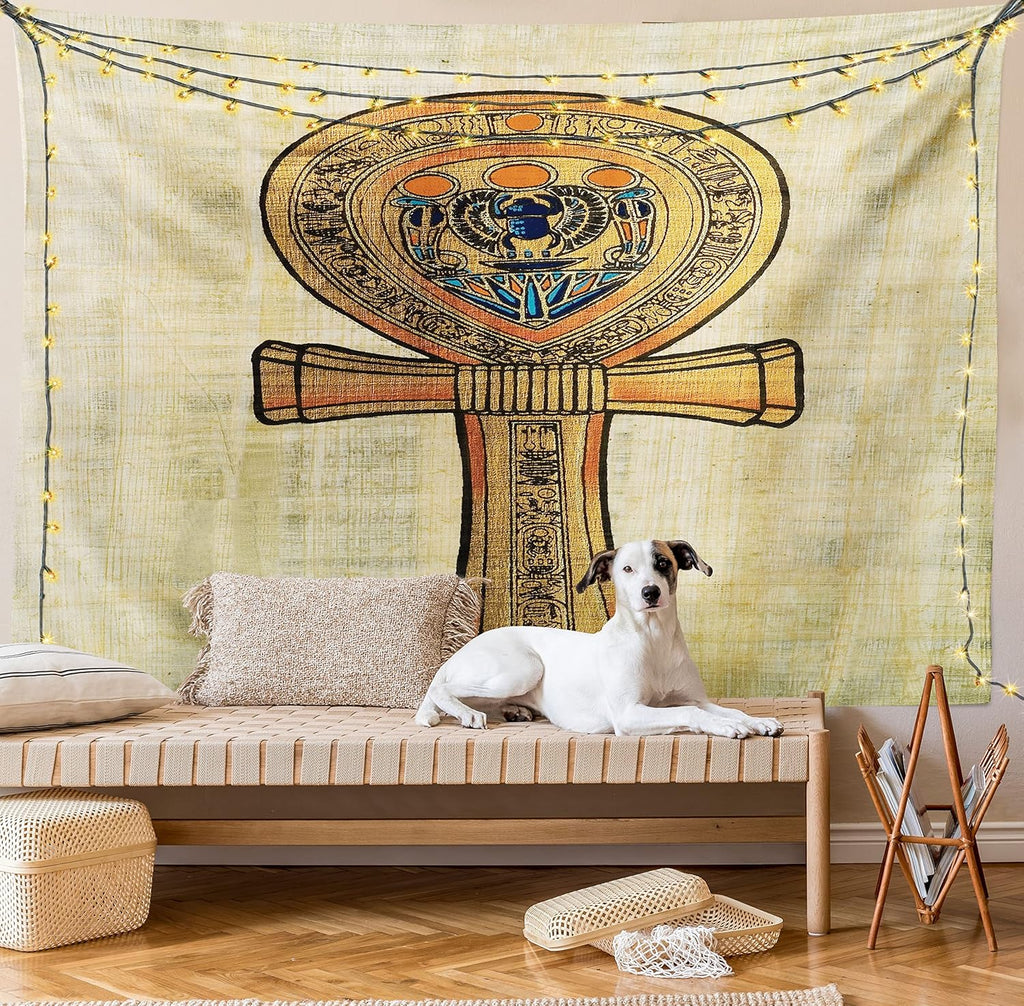 Egyptian Print Tapestry, Papyrus Presenting the Key of Life Traditional Empire Egyptian, Wall Hanging for Bedroom Living Room Dorm Decor, 40" X 60", Cream Orange