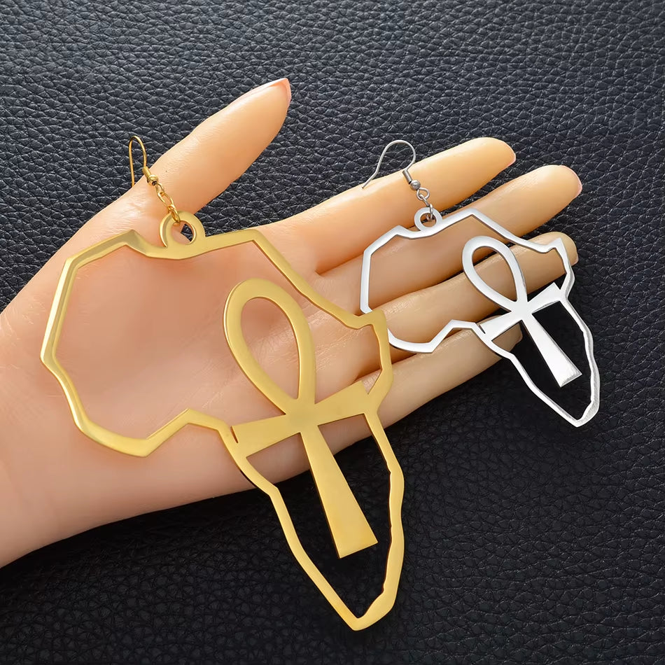 African Map Big Ankh Earrings Exaggerate Larger Earring Africa Egypt Nile Key Traditional Ethnic Hyperbole #154721