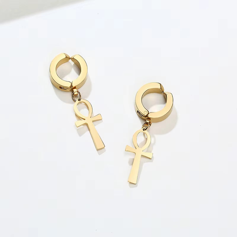 Gold Color Ankh Cross Earrings Men Stainless Steel Egyptian Cross Jewelry Women Egypt Hieroglyphs Crux Jewelry
