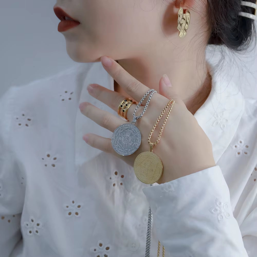 Seal of the 7 Archangels Pendant Necklaces for Men Seal of Solomon Spiritual Talisman Protection Amulet Stainless Steel Jewelry