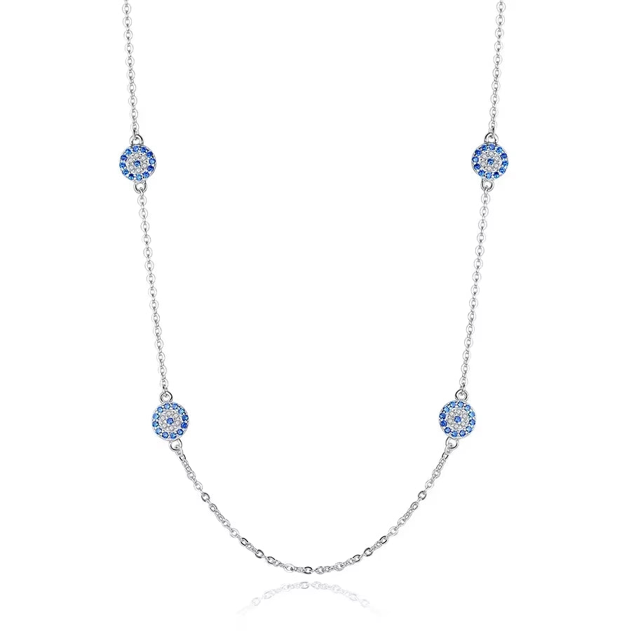 925 Sterling Silver Necklace Earrings Women round Luck Evil Eye Ring Necklaces Blue Zircon Long Link Turkey Jewelry Set