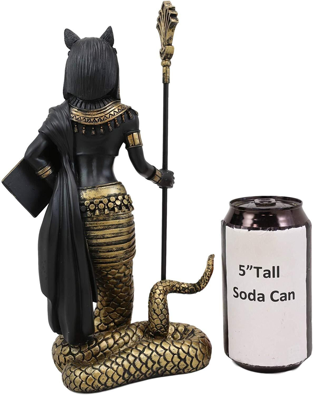 Ebros 11"H Egyptian Bastet Cat with Snake Holding Spear & Shield Statue 11"H