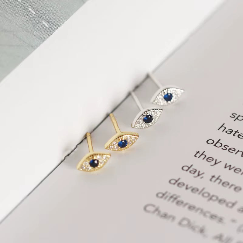 Genuine 100% Sterling Silver Pave Blue Zircon Demon Eyes Stud Earrings for Women Fashion Bihemian Evil Eye Jewelry Gift