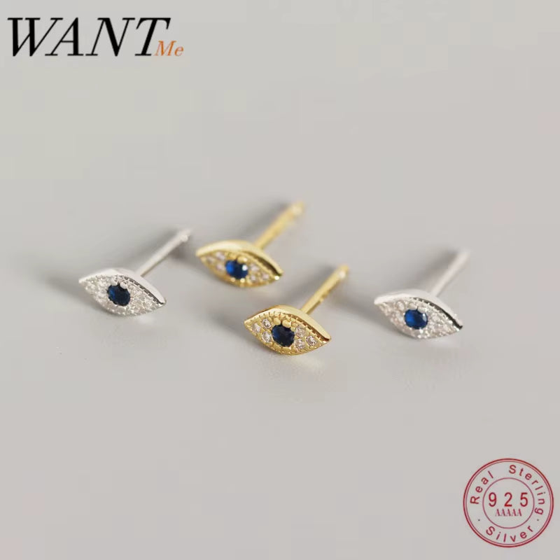 Genuine 100% Sterling Silver Pave Blue Zircon Demon Eyes Stud Earrings for Women Fashion Bihemian Evil Eye Jewelry Gift