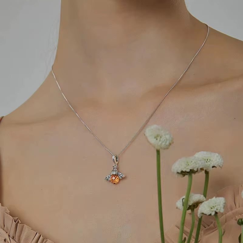 925 Sterling Silver Lovely Orange Bee Insect Pendant Necklace for Women 14K Gold Plated Jewelry Birthday Gift 2 Colors