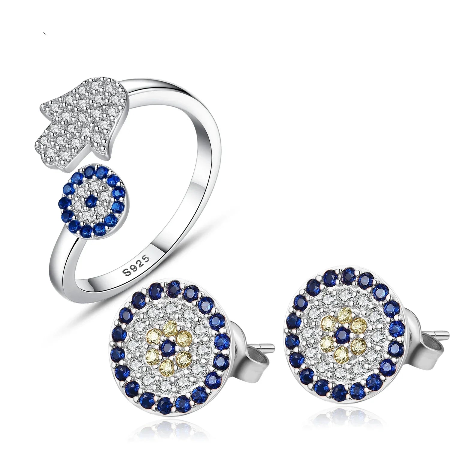 925 Sterling Silver Necklace Earrings Women round Luck Evil Eye Ring Necklaces Blue Zircon Long Link Turkey Jewelry Set