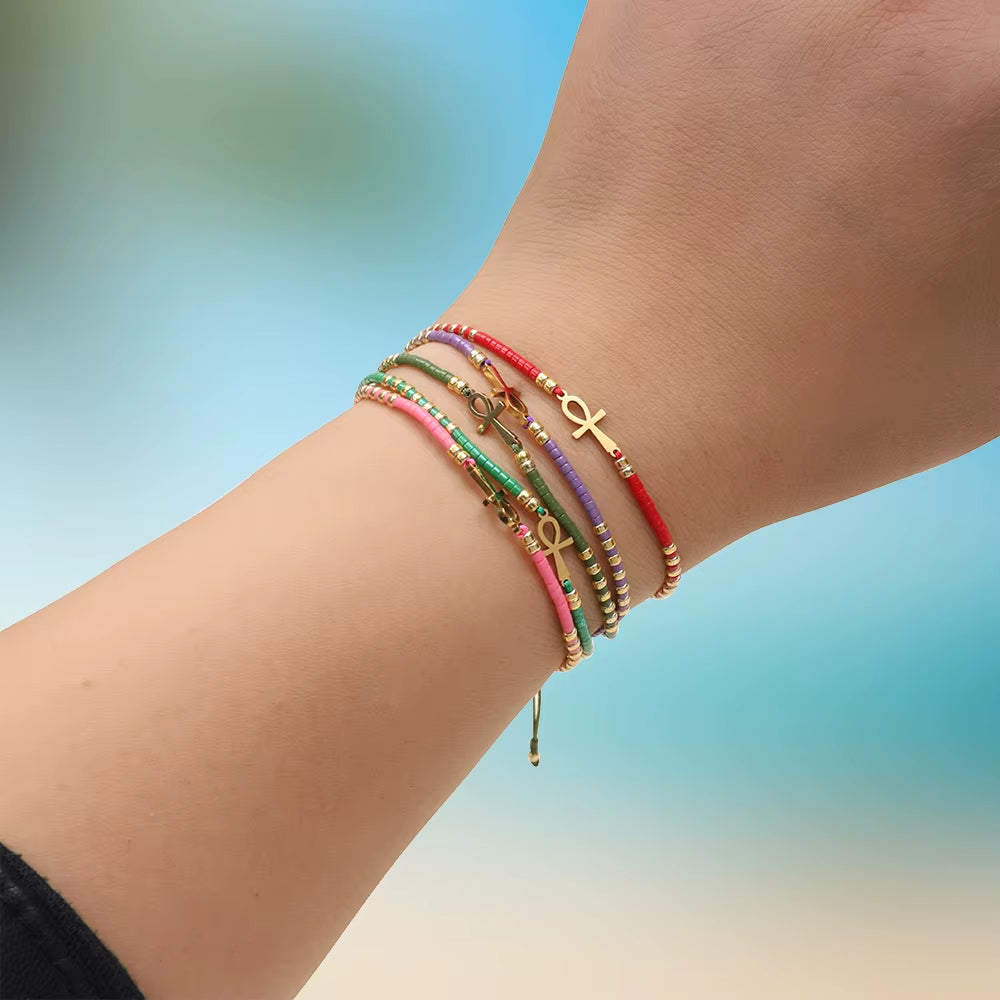 Cute Miyuki Beads Glass Amulet Charm Egyptian Ankh Crucifix Bracelet Symbol of Life Cross Bracelet Jewelry Wholesale