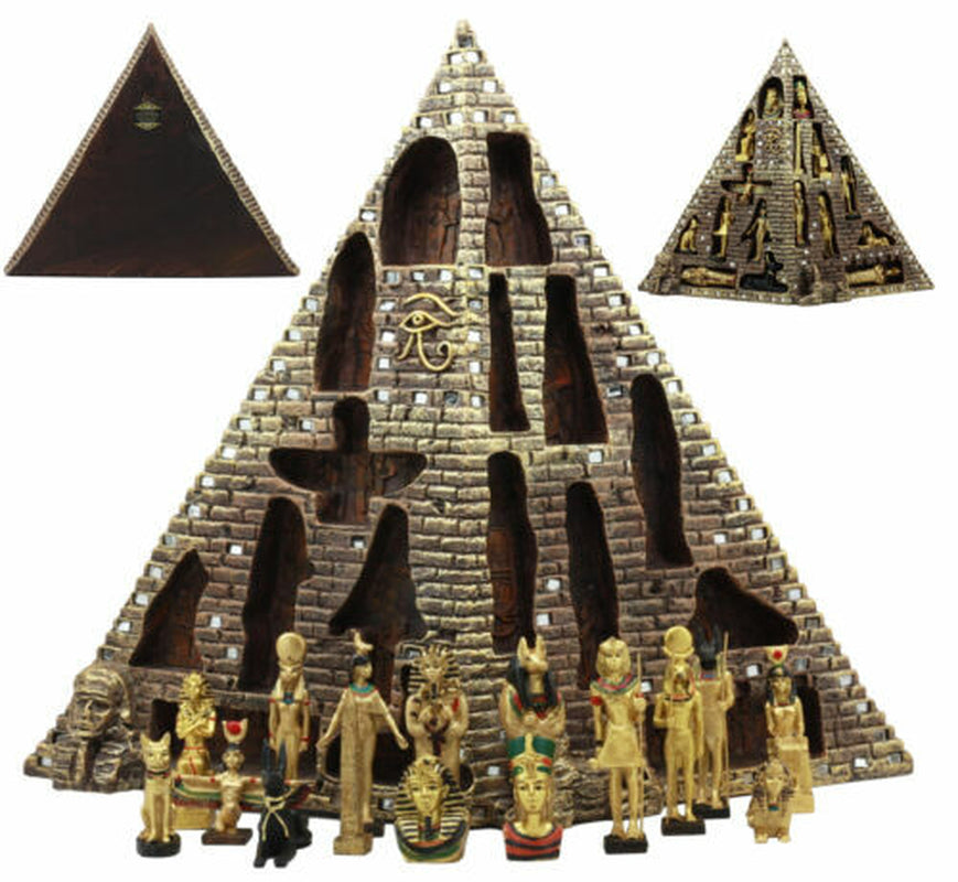 Egyptian Pyramid Statue with 16 Miniature Gods Anubis Osiris Isis Maat Bastet