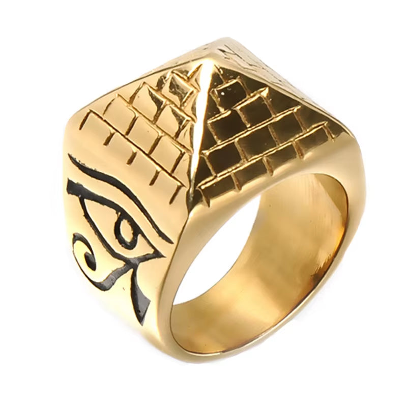 Stainless Steel Ancient Egyptian Pyramid Ring Pharaoh'S Eye Ornament of Horus Middle East