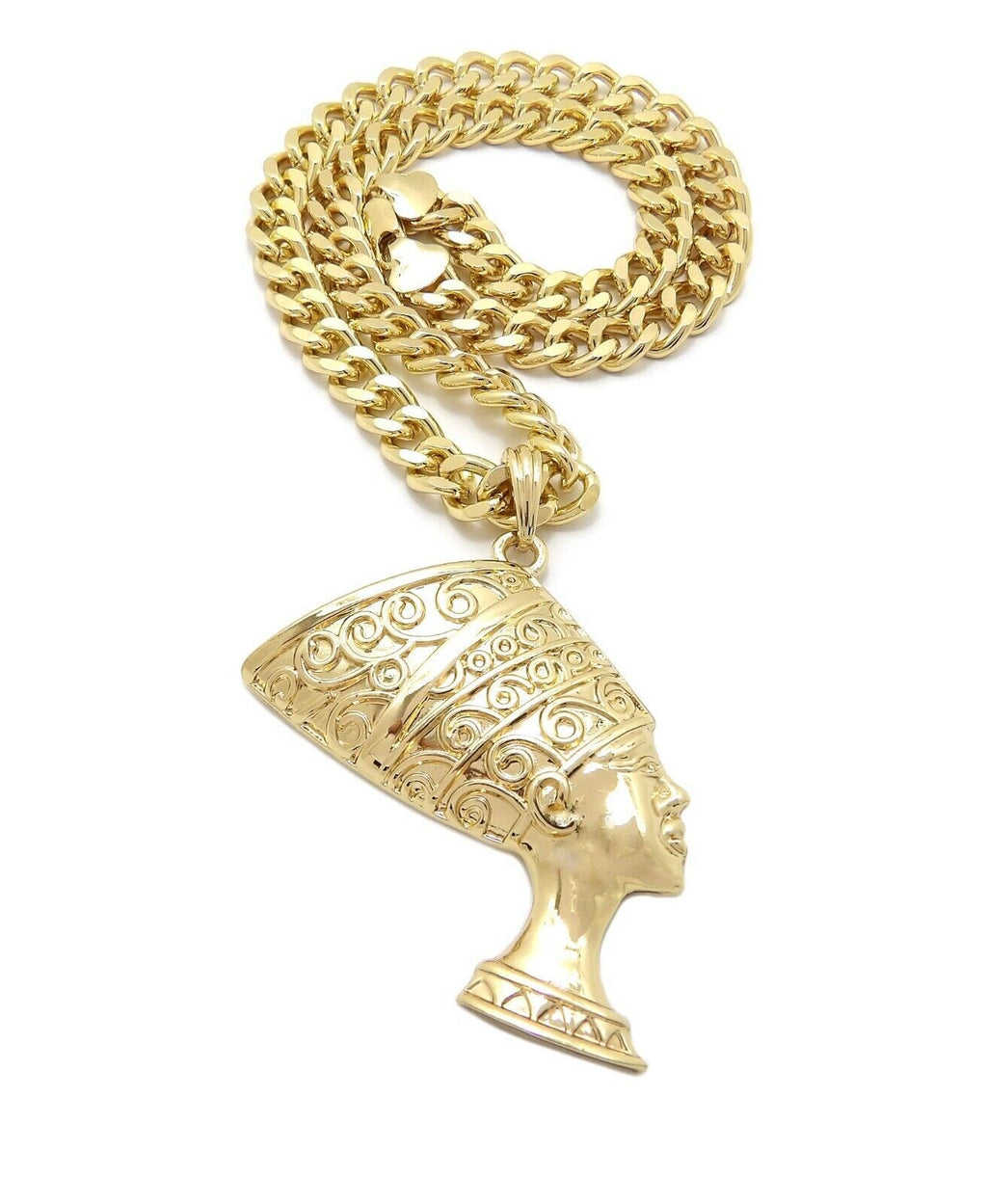 GOLD PLATED EGYPTIAN QUEEN NEFERTITI PENDANT & 10Mm CUBAN CHAIN HIP HOP NECKLACE