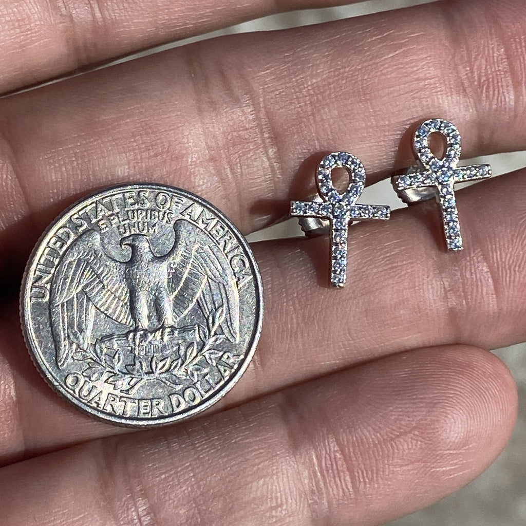 925 Sterling Silver Egyptian Ankh Cross Earrings Iced Flooded Out CZ Screw Back