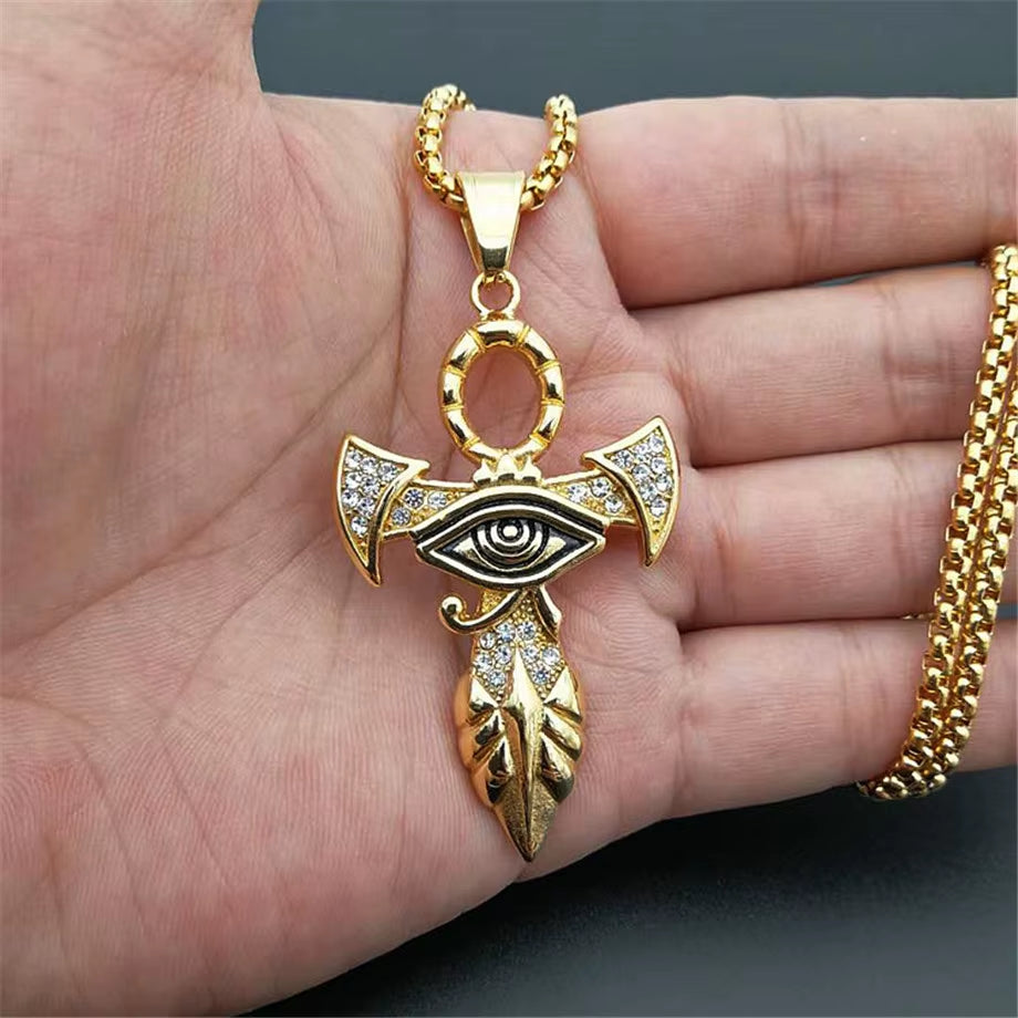 Egyptian Ankh Cross Pendant Necklace for Women/Men Gold Color Stainless Steel Eye of Horus Necklace Iced Out Bling Egypt Jewelry