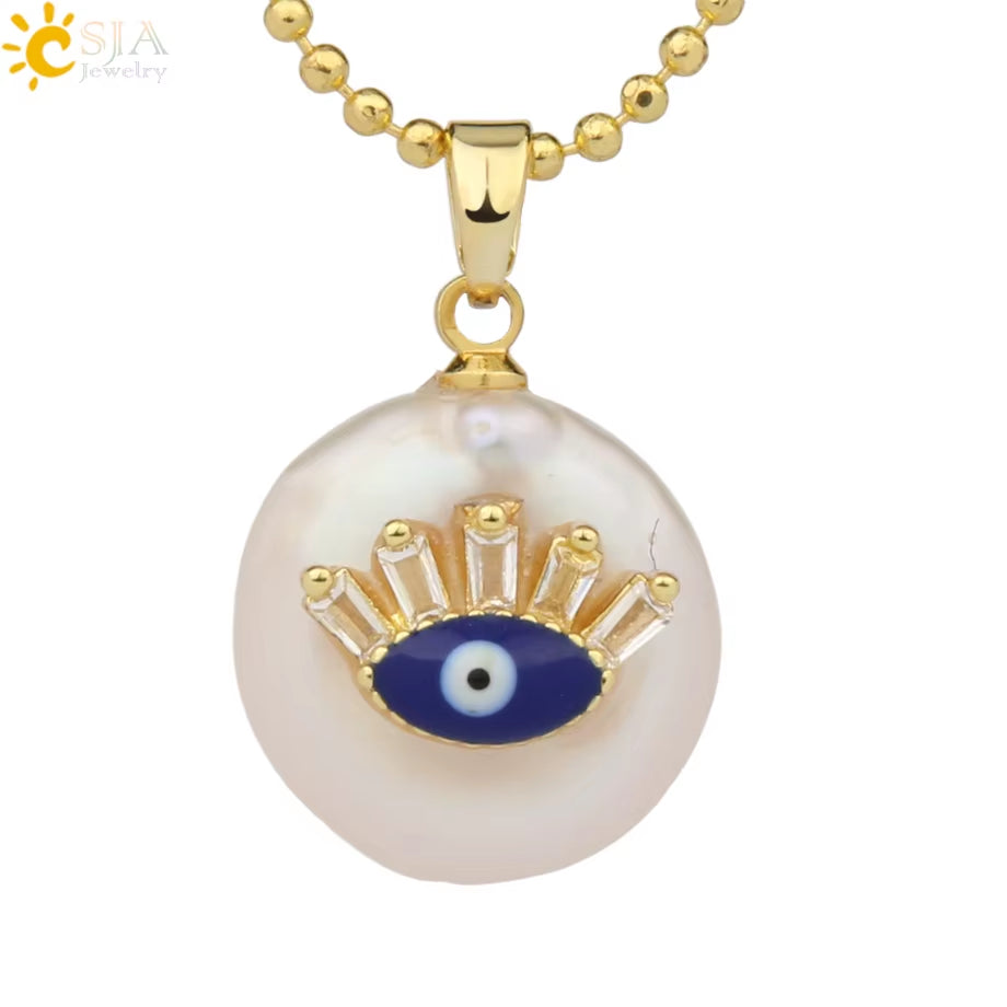 CSJA Coin Freshwater Pearl Pendants Small Size Evil Eye Hamsa Fatima Hand Zircon Gold Color Necklace Choker for Women Girls G205