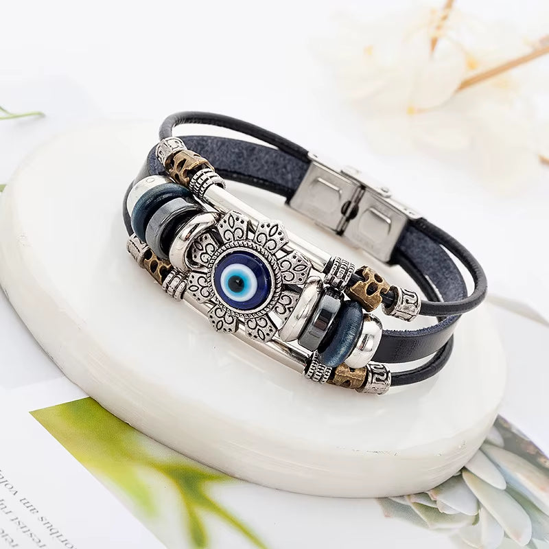 Evil Eye Turkish Bracelets for Men Metal Snap Fastener Jewelry Multilayer Black Leather Bracelet
