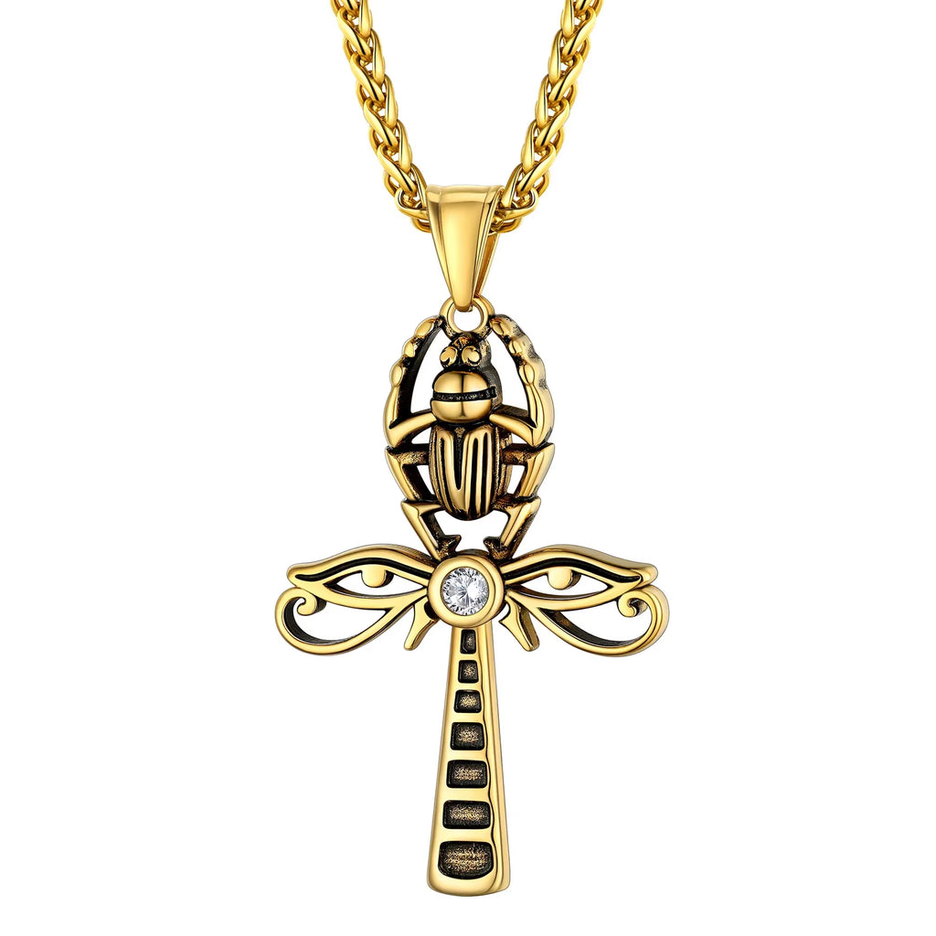 Ancient Egyptian Symbol Necklaces Stainless Steel Eagle Triangle Pyramid Ankh Cross Bastet Anubis Pharaoh Pendant Jewelry