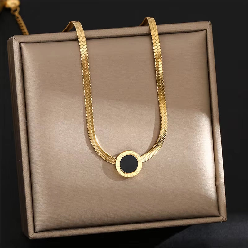 Stainless Steel Jewelry Set Snake Chain Necklace & Roman Numeral - Inscribed Earrings with Black Inlays