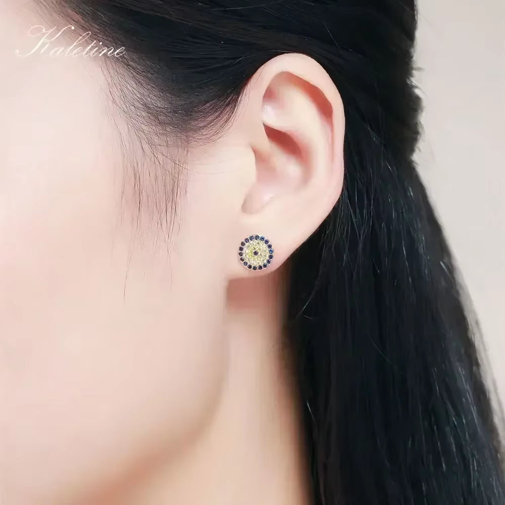 Genuine 925 Sterling Silver CZ Crystal Lucky Turkey Evil Eye Earrings for Women Yellow Rose Gold Jewelry KLTE009